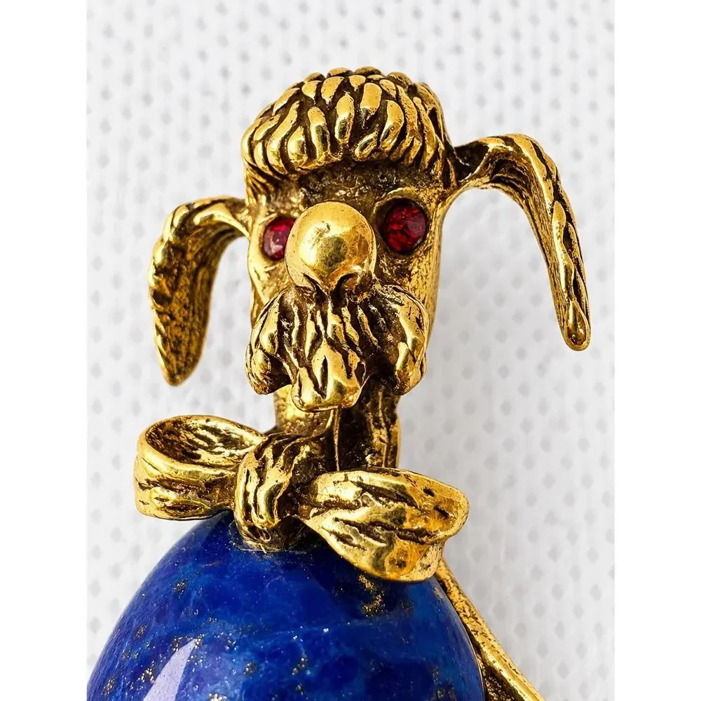 Vintage Poodle Dog Brooch Pin Gold Tone Blue Lapis Animal Red Eyes Figural